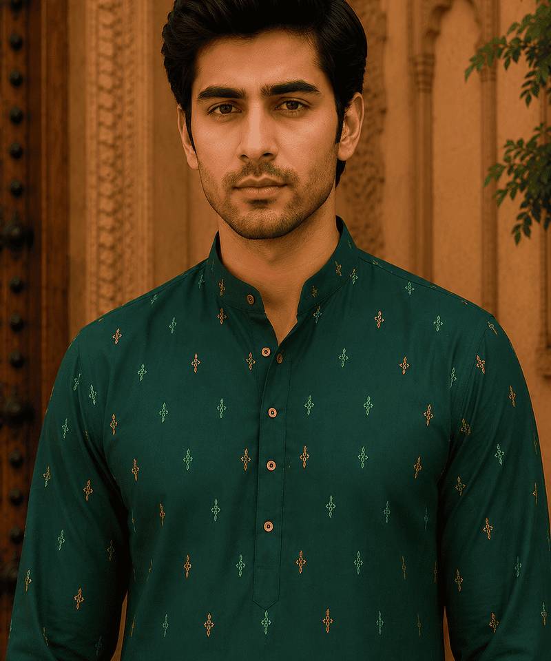 Green ethnic printed kurta with cream churidar set
