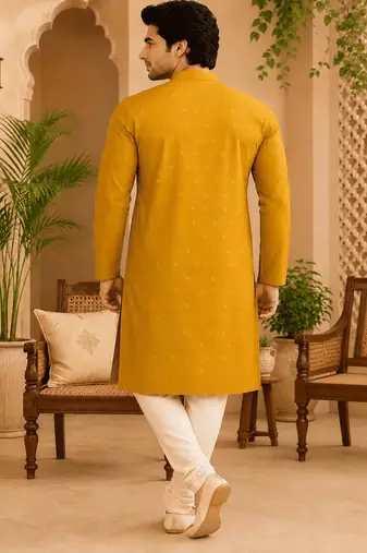 Yellow ethnic printed kurta with cream churidar set