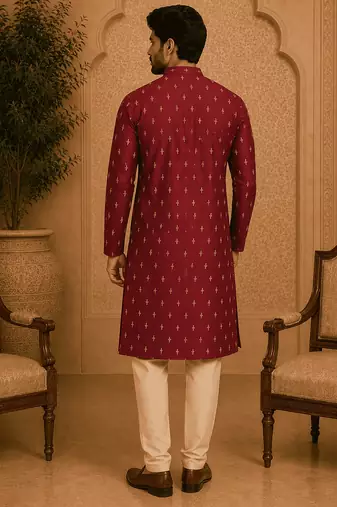 Maroon ethnic printed kurta with cream churidar set