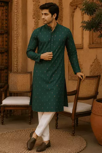 Green ethnic printed kurta with cream churidar set