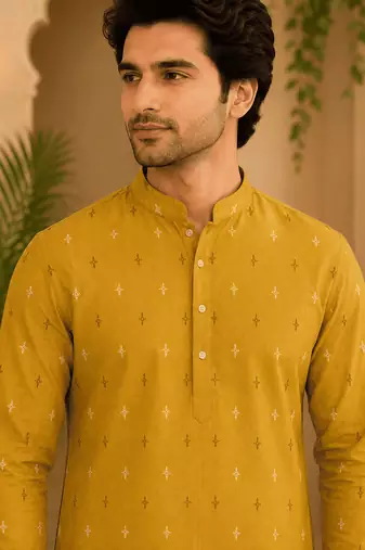 Yellow ethnic printed kurta with cream churidar set