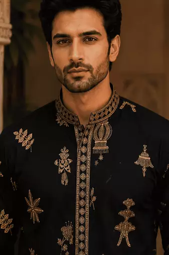  black gold motif embroidered kurta set with inner lining