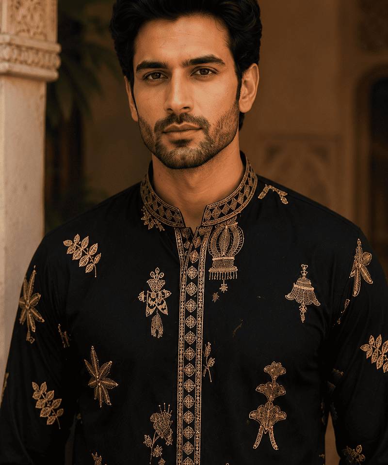  black gold motif embroidered kurta set with inner lining