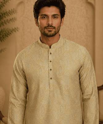 Elegant pastel gold eelegant pastel gold self-textured men’s kurta set men’s kurta set 5