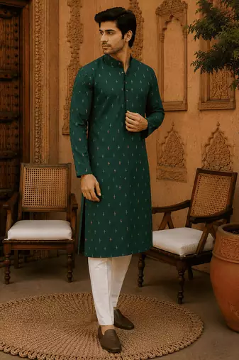 Green ethnic printed kurta with cream churidar set