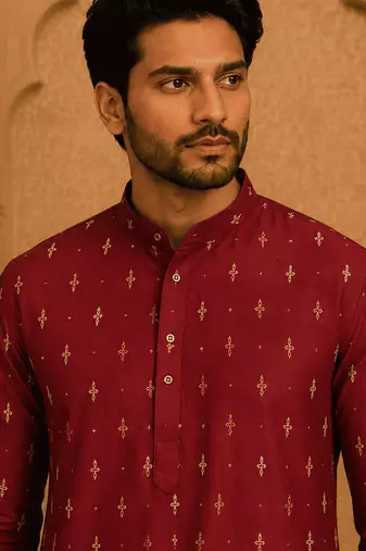 Maroon ethnic printed kurta with cream churidar set
