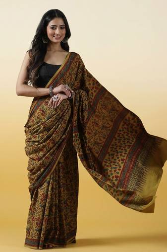 Mustard yellow ajrakh printed cotton saree