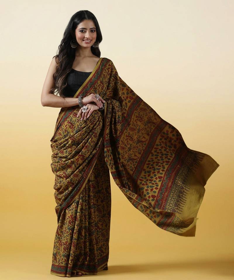 Mustard yellow ajrakh printed cotton saree