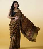 Mustard yellow ajrakh printed cotton saree