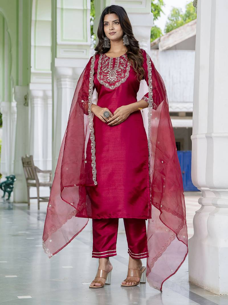 Raspberry premium designer festive wear readymade suit