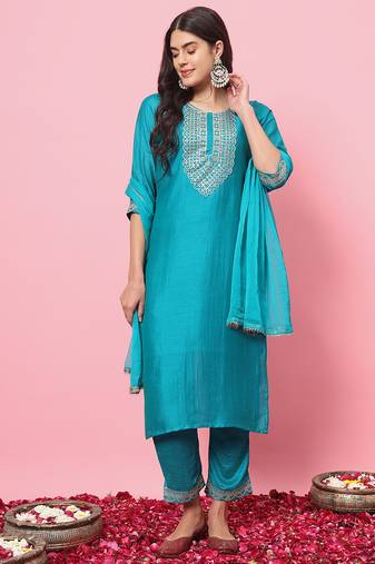 Sea-green premium designer festive wear readymade suit