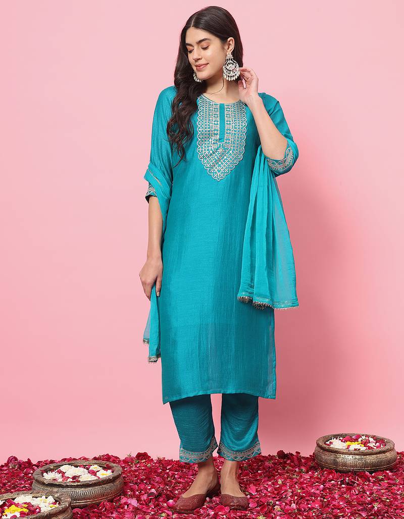 Sea-green premium designer festive wear readymade suit