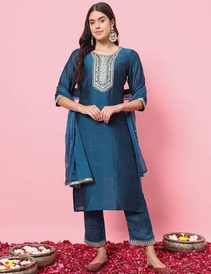 Teal-blue premium designer festive wear readymade suit 1