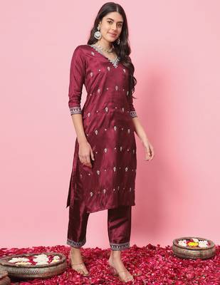 Red premium designer festive wear readymade suit 2