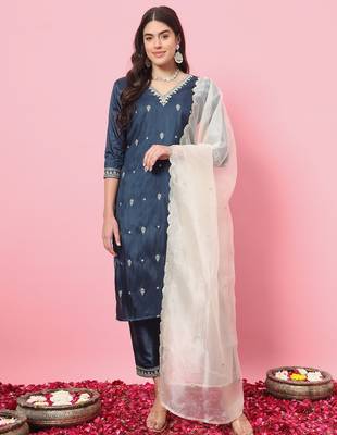 Teal-blue premium designer festive wear readymade suit 1