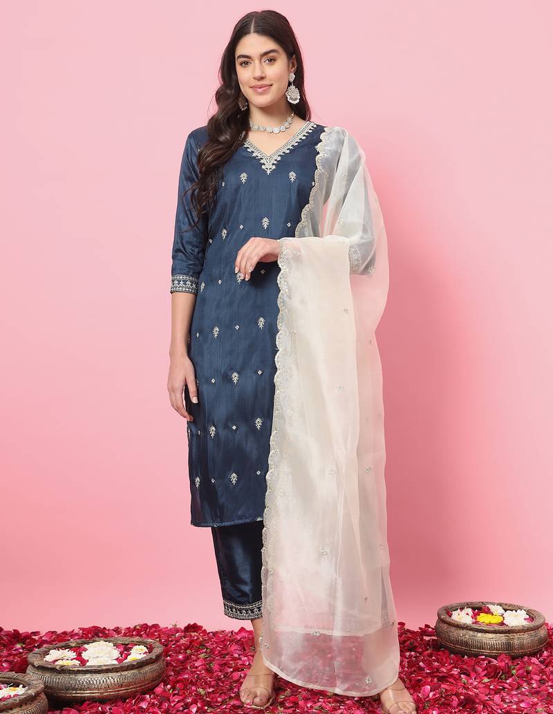 Teal-blue premium designer festive wear readymade suit