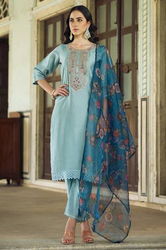 Dark-sky-blue premium designer festive wear readymade suit