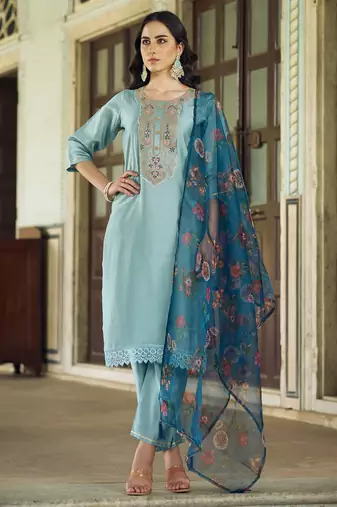 Dark-sky-blue premium designer festive wear readymade suit