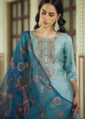 Dark-sky-blue premium designer festive wear readymade suit 3
