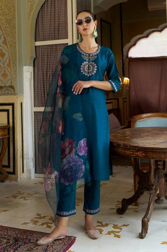 Teal-blue premium designer festive wear readymade suit