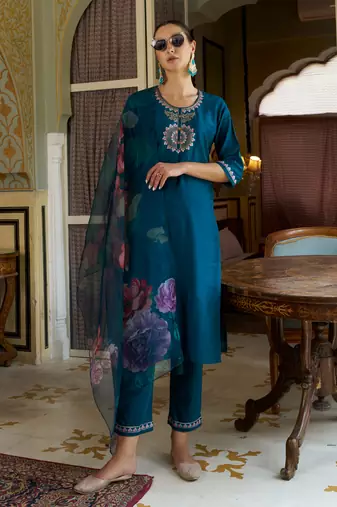 Teal-blue premium designer festive wear readymade suit