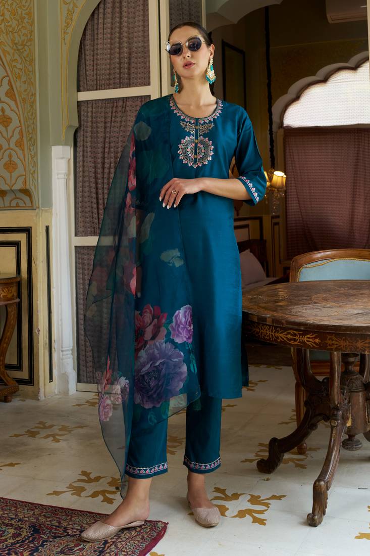 Teal-blue premium designer festive wear readymade suit