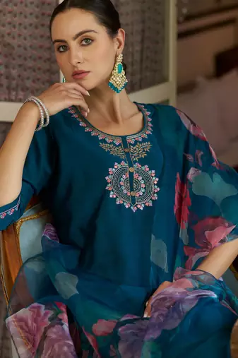 Teal-blue premium designer festive wear readymade suit