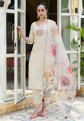 White premium designer festive wear readymade suit 1