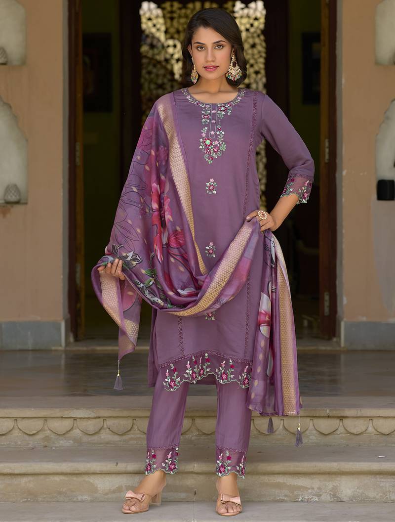 Lavender premium designer festive wear readymade suit