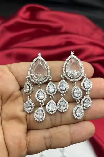 teardrop crystal bridal jewellery set, silver wedding necklace earrings, indian maang tikka