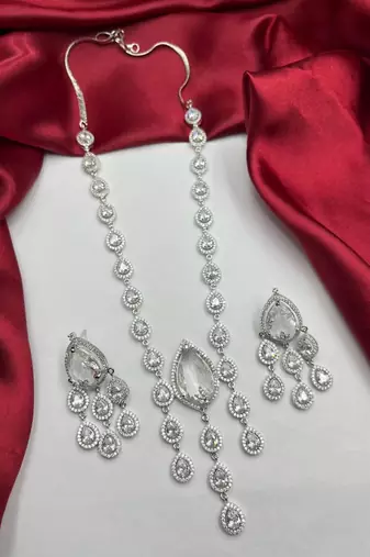 teardrop crystal bridal jewellery set, silver wedding necklace earrings, indian maang tikka
