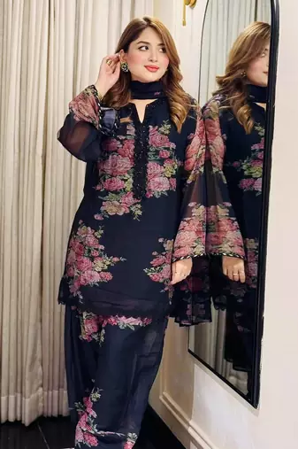 black georgette readymade suit with digital printed work