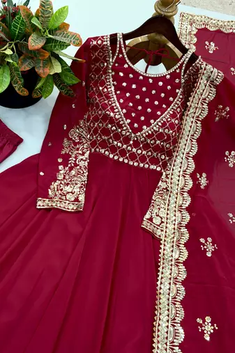 maroon georgette readymade anarkali suit with embroidery & sequence work