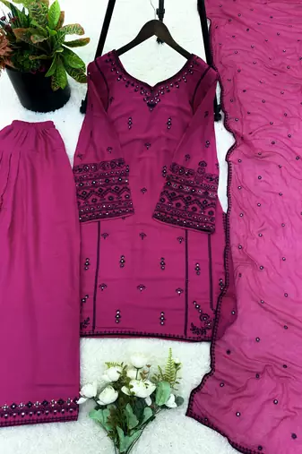 purple cotton readymade suit with thread & sequence work