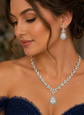 bridal necklace set, pear cut cubic zirconia wedding jewellery, teardrop earrings, prom statement set 1