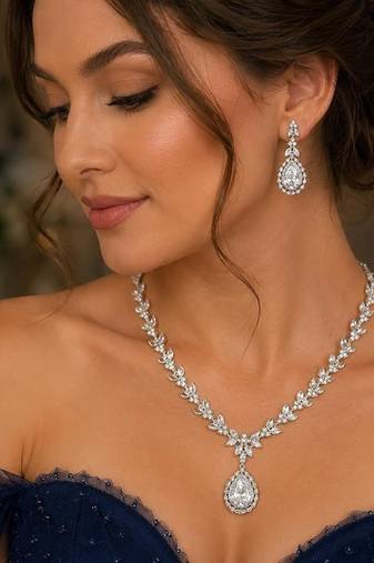 bridal necklace set, pear cut cubic zirconia wedding jewellery, teardrop earrings, prom statement set