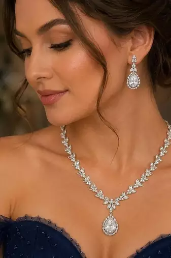 bridal necklace set, pear cut cubic zirconia wedding jewellery, teardrop earrings, prom statement set