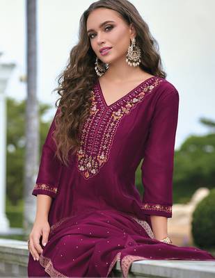 Red premium designer festive wear readymade suit 2