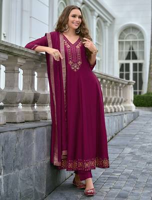 Red premium designer festive wear readymade suit 1