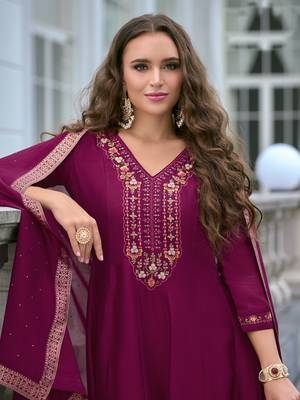 Red premium designer festive wear readymade suit 3