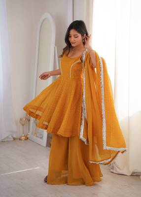 yellow silk blend  readymade suit with zarkhand & lace work 5