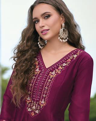 Red premium designer festive wear readymade suit 4