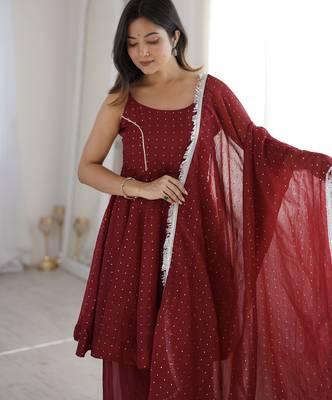 maroon silk blend  readymade suit with zarkhand & lace work 5