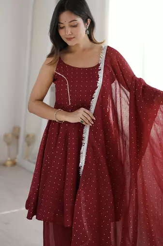 maroon silk blend  readymade suit with zarkhand & lace work