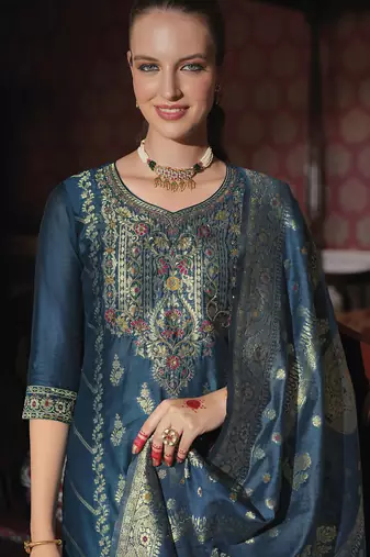 Teal-blue premium designer festive wear readymade suit