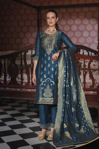 Teal-blue premium designer festive wear readymade suit