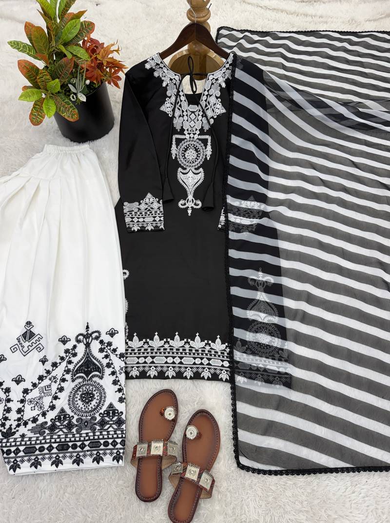 black&white crepe readymade suit with embroidery & printed work
