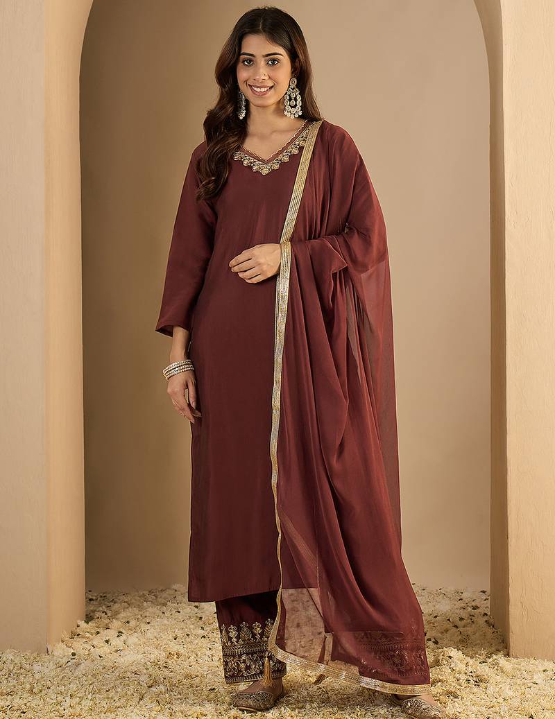 Coffee premium designer festive wear readymade suit