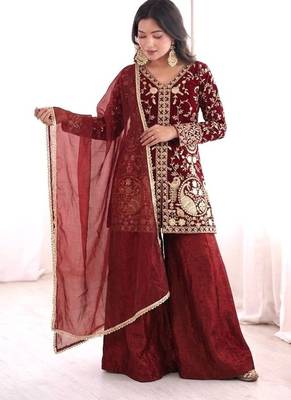 maroon silk blend  readymade suit with embroidery & sequence work 5