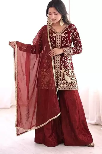 Maroon Silk Readymade Suit with Embroidery & Sequence Work